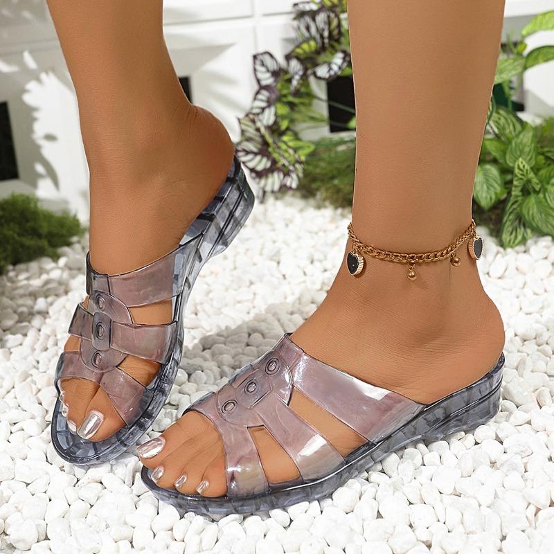 

Summer New Outside Wedges Heels Peep Toe Cut-outs Flowers Bling Crystal PVC Women Slippers Ladies Jelly Shoes 41 чёрный