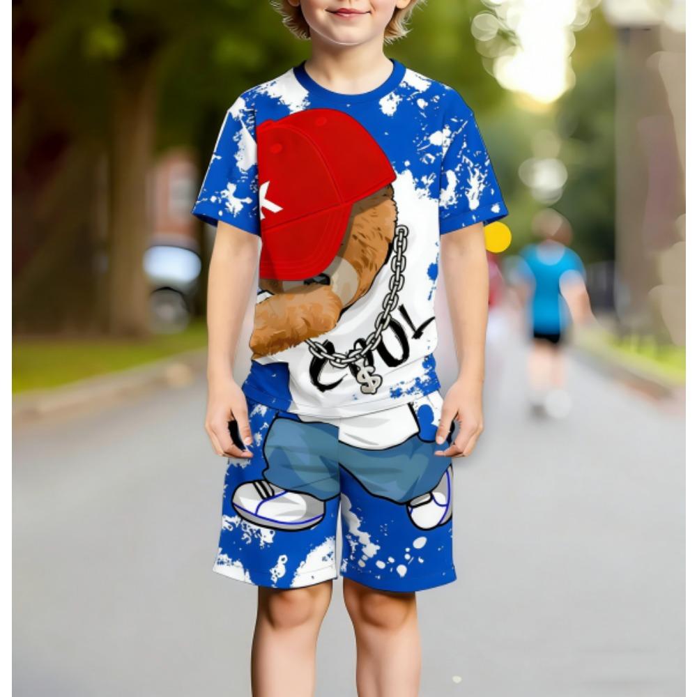 Europe and America Funny Bear Fashion Men's Set Summer Men's T-shirt and Shorts 2 Piece Set Outdoor Casual Men's and Women's Outfit