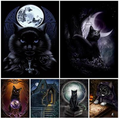 Los gatos negros son brujas Arte de la pared vintage Pintura en lienzo Arte de fantasía oscura Luna gótica negra Póster artístico e impresión Decoración para el hogar Sin marco