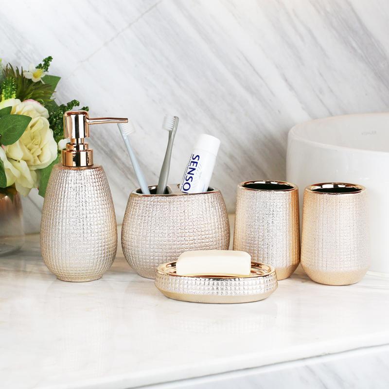 Rose Gold Ceramic Wash Bathroom Accessories Set Hotel Bathroom Wash Soap Set Dish Lotion Bottle Mouth Wash Cup Toothbrush Holder