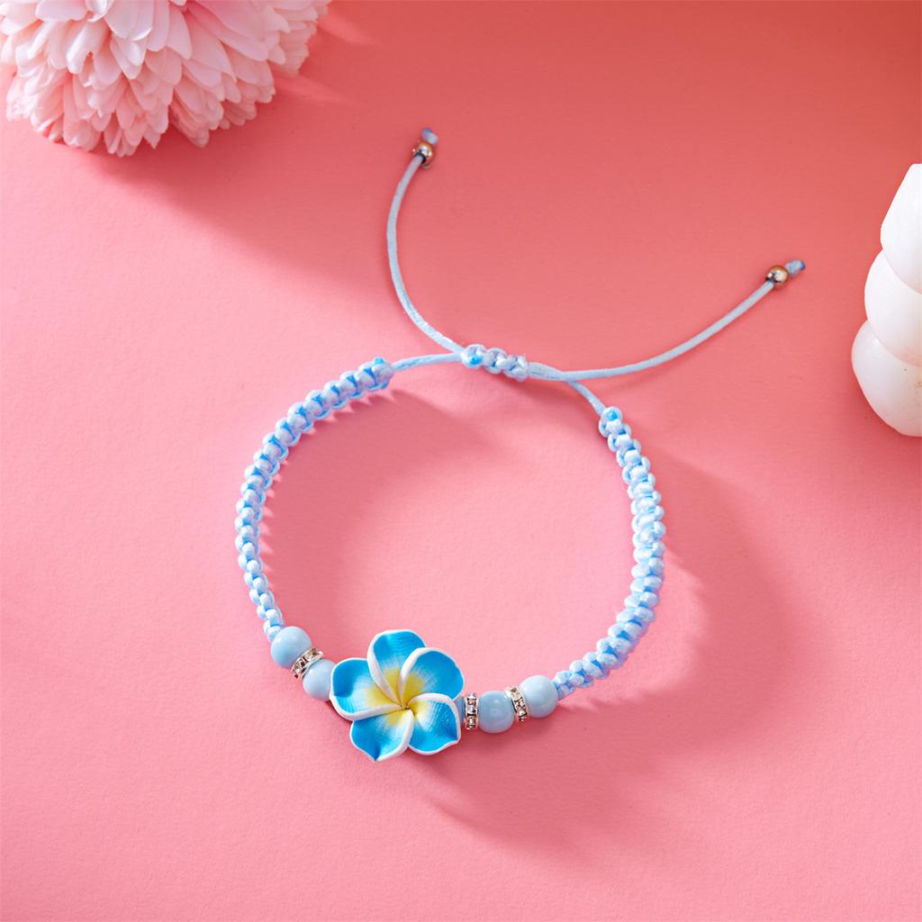 Bohemian Braided Wristband With Plumeria Charm Adjustable Soft Clay Bracelet Handmade Beach Jewelry Tropical Wristband