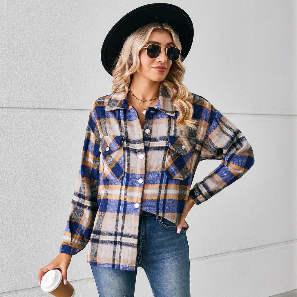 JKASHDK Dámská móda Ležérní Podzim Zima Kostkovaný potisk Polokošile s dlouhým rukávem Blůzy a košile Top bunda