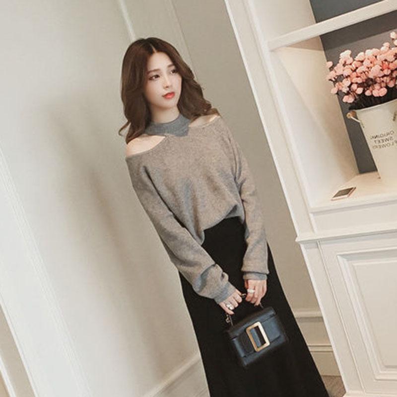 Sexy Hanging Neck Pullover Sweater Solid Color Casual Off shoulder Sweater Autumn Winter Korean Knitwear Long-sleeve Knitted Sweater Jacket Outer Wear