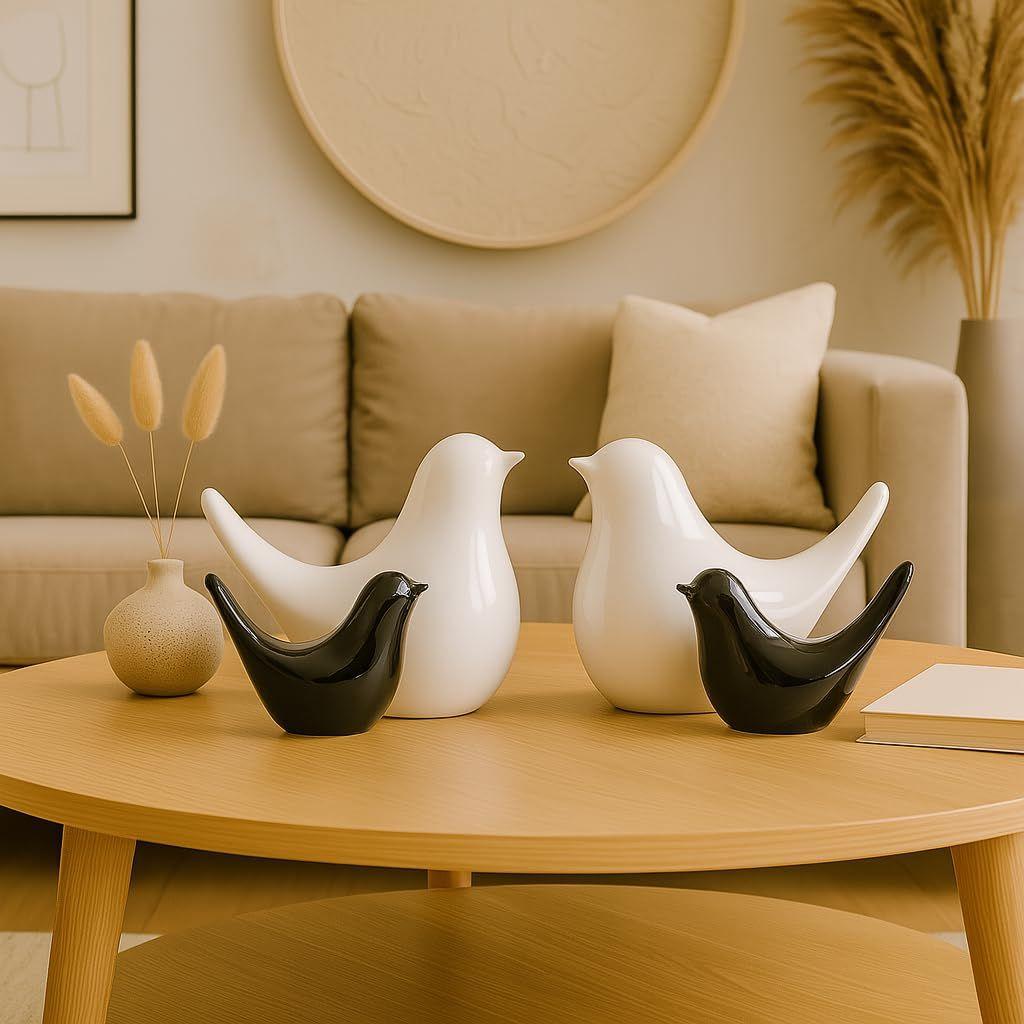 Kreativní bílé a černé lesklé keramické figurky ptáčků bytové dekorace doplňky párty (Balení po 4)