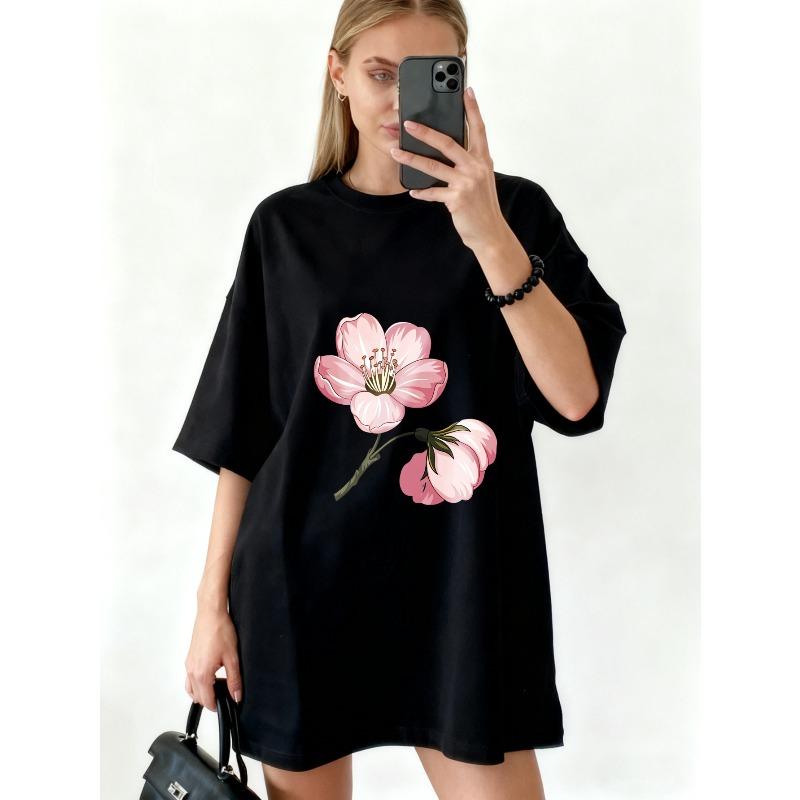 Oversized T-shirtklänning Svart Körsbärsblommig Blommig Tryck Dam Vardaglig Sommaroutfit
