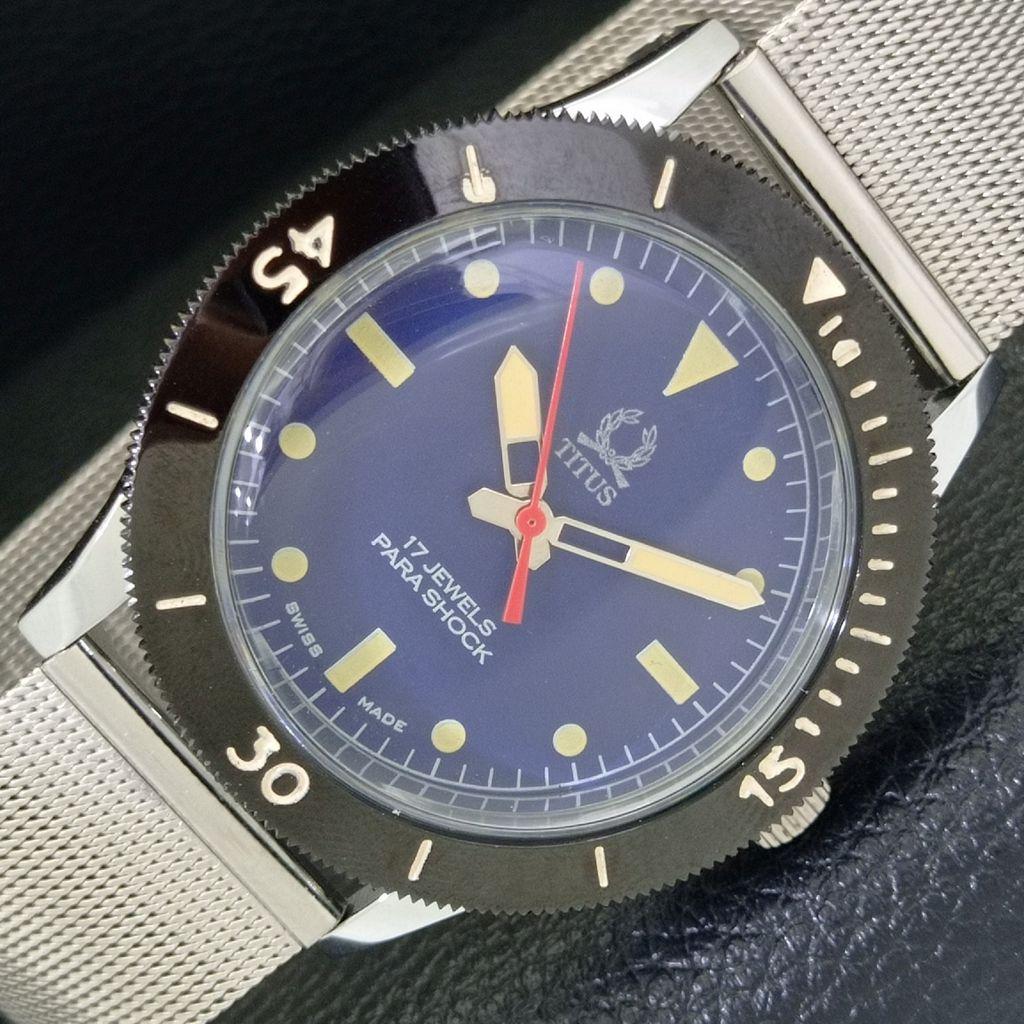 

VINTAGE TITUS HAND-WINDING SWISS MENS TURNABLE BEZEL BLUE DIAL WATCH a700027-5 R201-a700027
