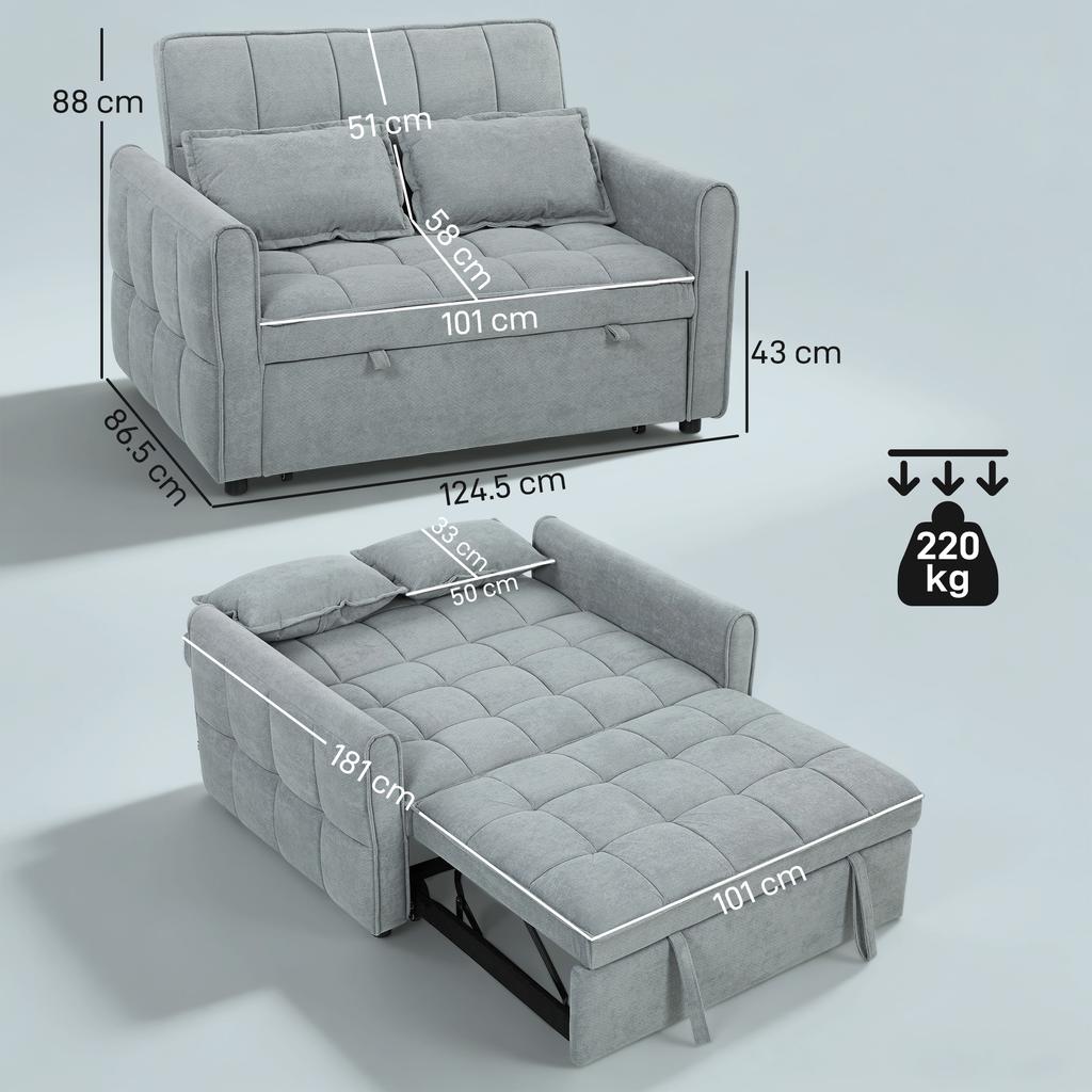 2 Seater Sofa Bed, 3-in-1 Convertible Sleeper Sofa with Click-clack Adjustable Backrest and 2 Pillows, Grey