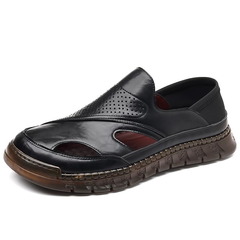 

Summer New Men s Comfortable Leather Sandals Solid Color Fashion Casual Soft Sole Hallow Breathable Designer Shoes For Men 38 чёрный