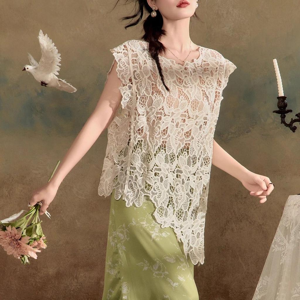 Dimanaf 2025 New Summer Women Vest T-Shirt Sleeveless Basic Tops Lace Tees Casual Loose Tees