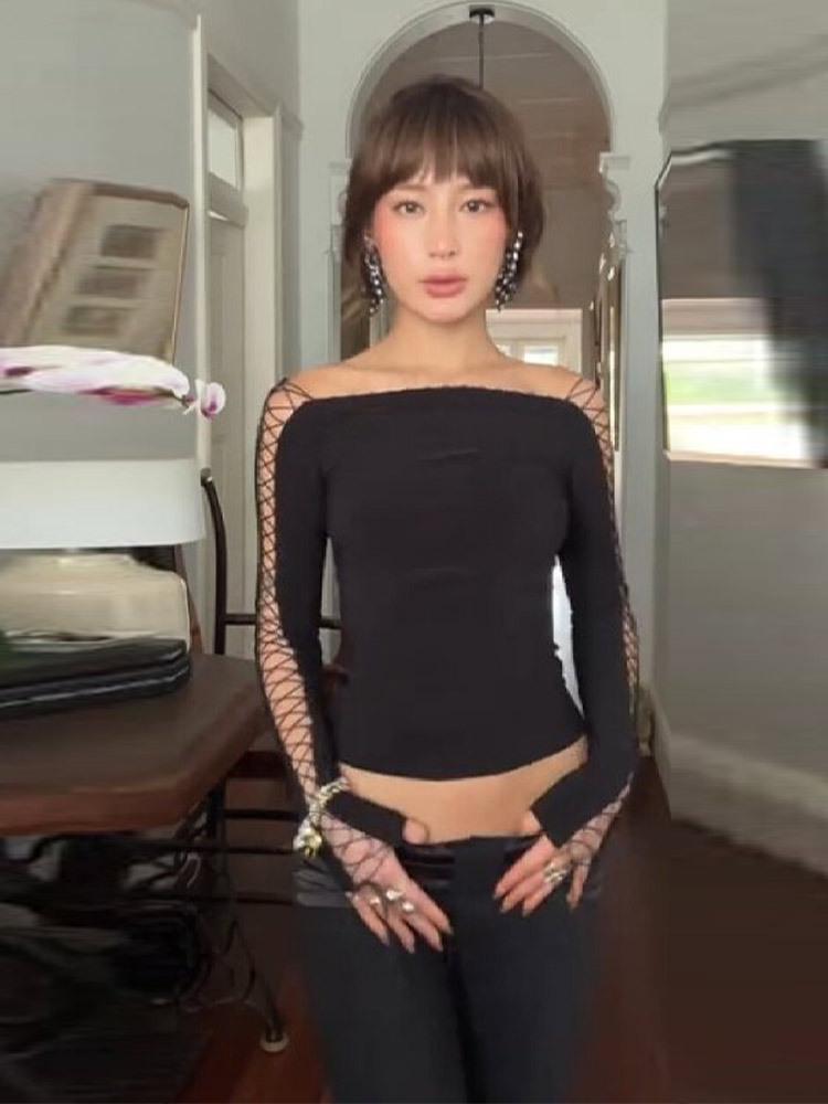 2026 Spring Off-Shoulder Long-Sleeve Lace-up Top
