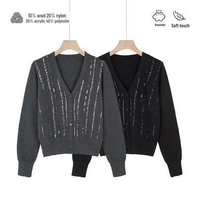 Nanyou Sequin Knit Cardigan - Women's Spring/Autumn Long Sleeve Wool Sweater