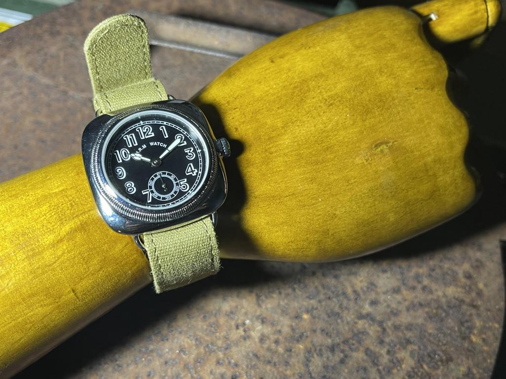 Military Watch Cushion Watch Black Dial Green Cloth Strap [M.R.M.W.]