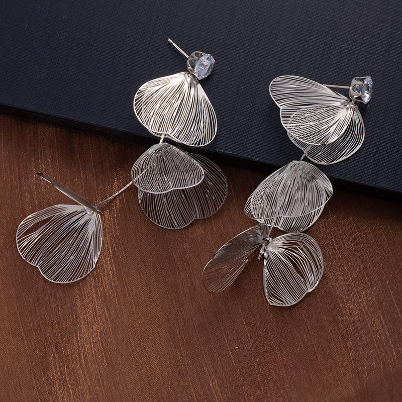 Hollow Metal Zircon Petal Tassel Earrings: 925 Silver Post, High-End Luxury