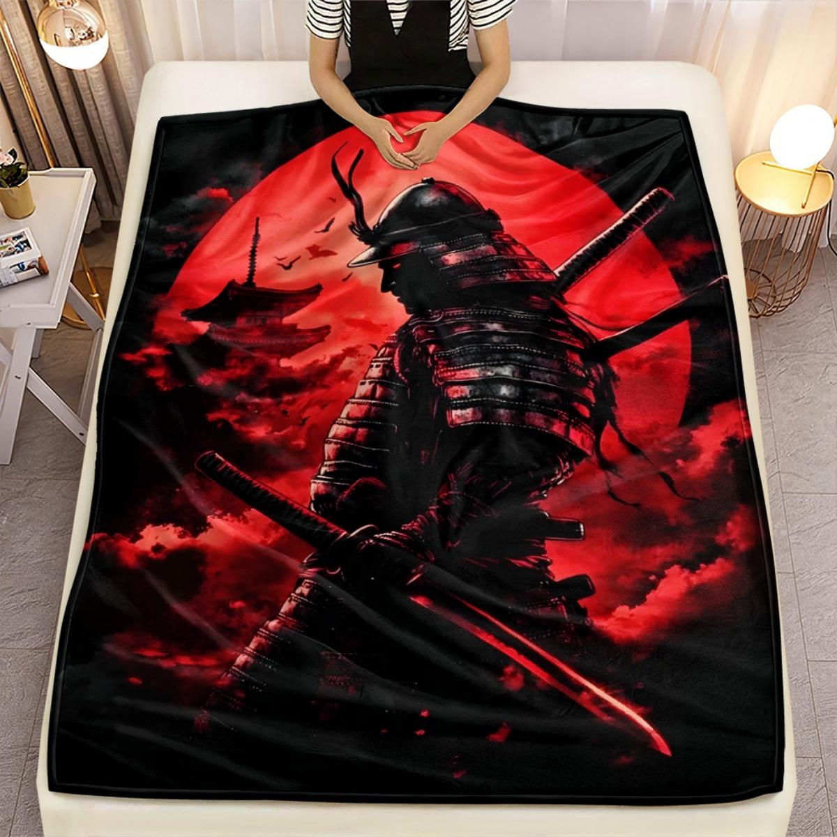 1pc Samurai Warrior Red Moon Fleece Blanket Flannel Throw Japanese Anime Art Bed Cover Ninja Sword Warrior Decor Gift 75x90cm