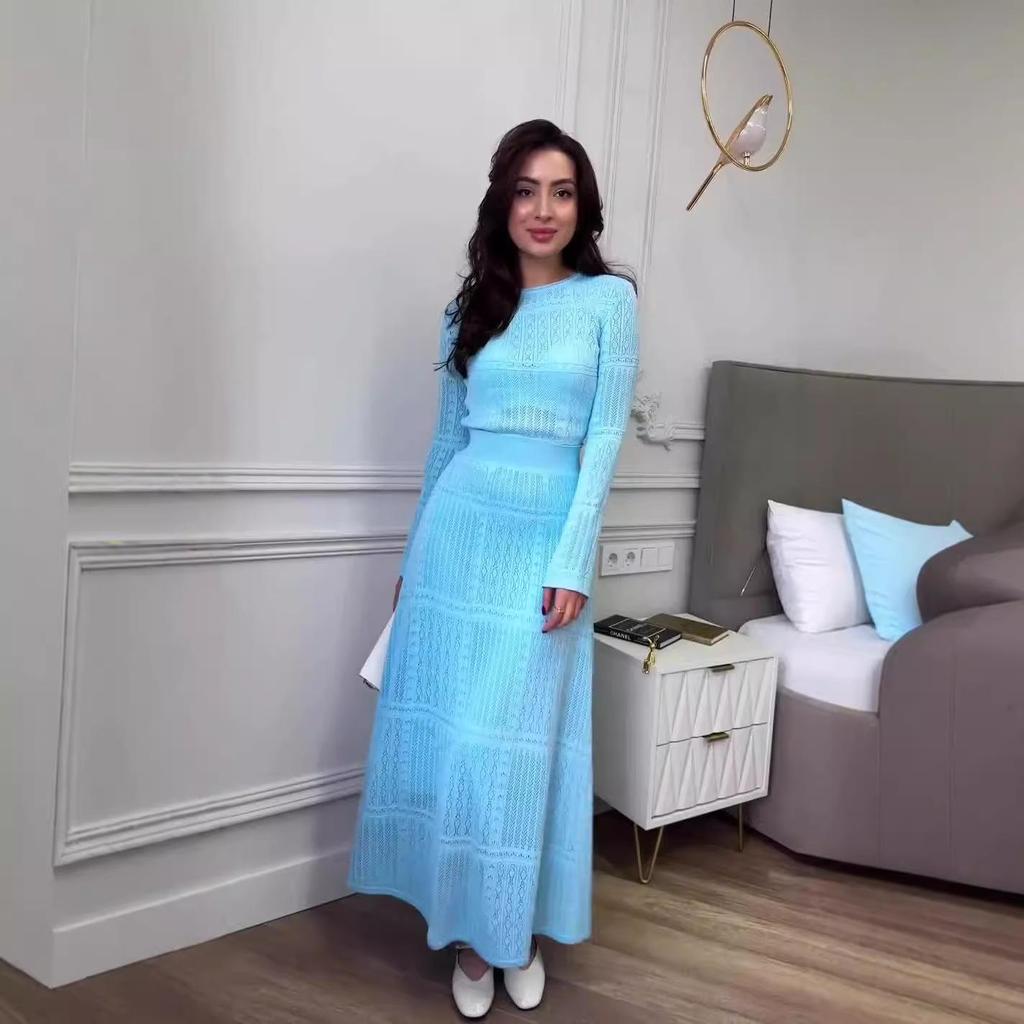 2024 Fall Slim Fit Solid Color Round Neck Long Sleeve High Waist Swing Skirt Set for Women