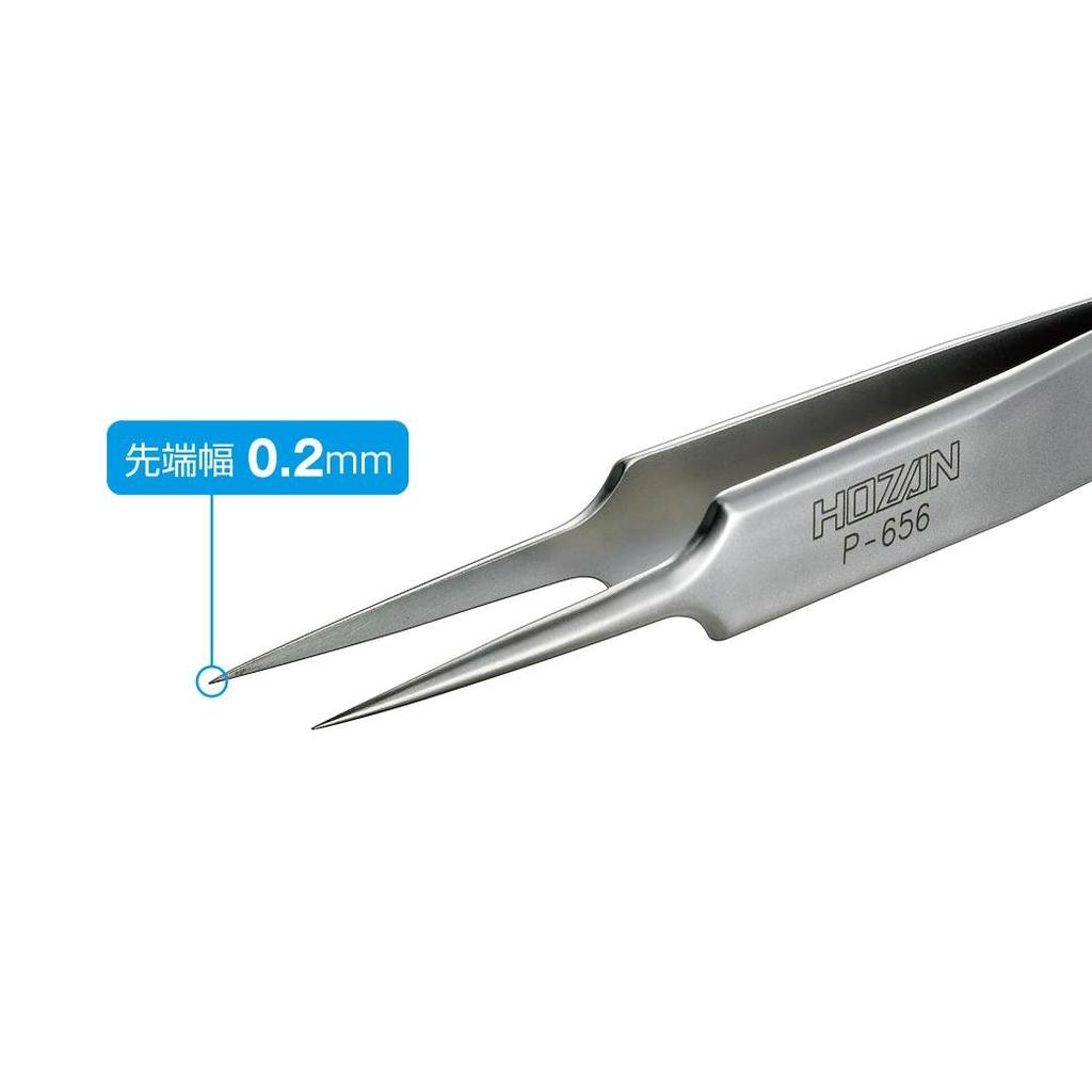 HOZAN Precision Tweezers, Fully Non-Magnetic, 110mm Long, 8mm Opening, 0.2mm Tip, Tapered, P-656