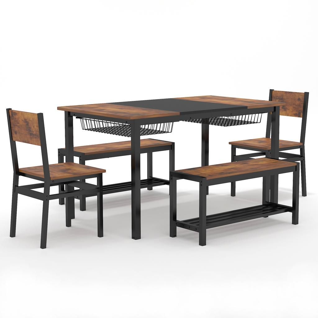 NAIYUFA Dining 5 Pieces Table Set,One Large Table ,2 chairs and 2 Benches for 4-6 people,Wood Brown Sets with Storage Rack