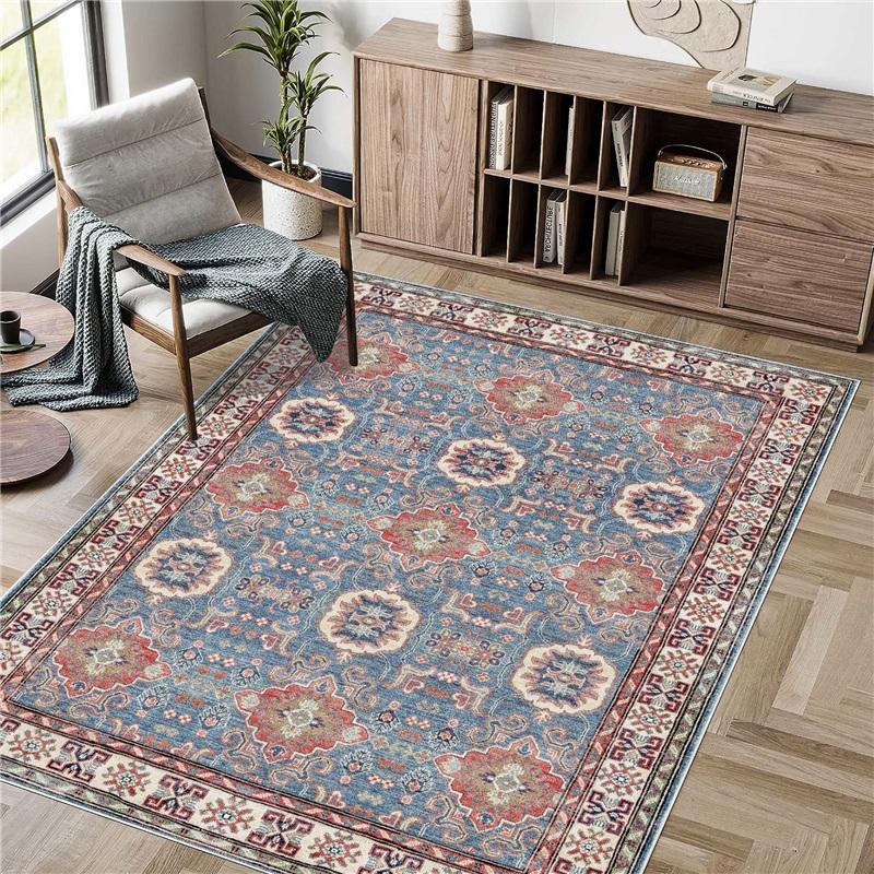Bohemian Vintage Area Rug Washable Soft Ethnic Style Floor Carpet Non‑Slip Decor Rug for Living Room Bedroom Kitchen Home