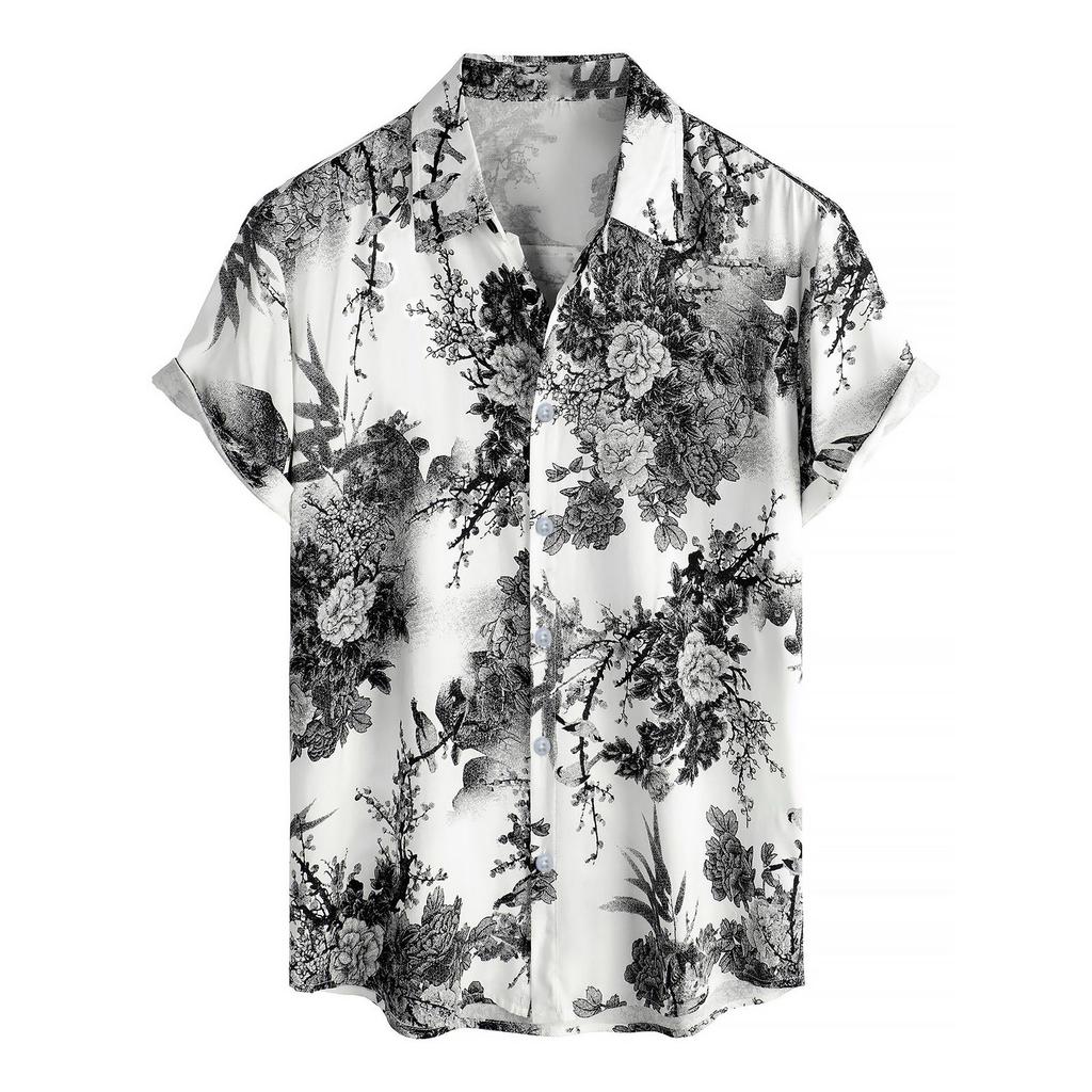 Men's Vintage Floral Print Short Sleeve Button Front Shirt Casual Lightweight Breathable Summer Top with Open Collar Design