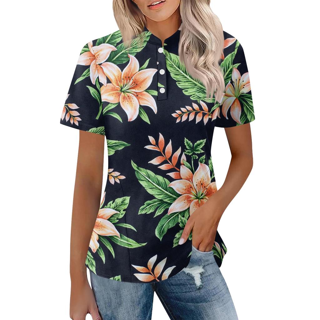 Women's Casual Polo Shirt Loose Fit Short Sleeve Top Button Placket Lightweight Breathable Fabric Summer Style