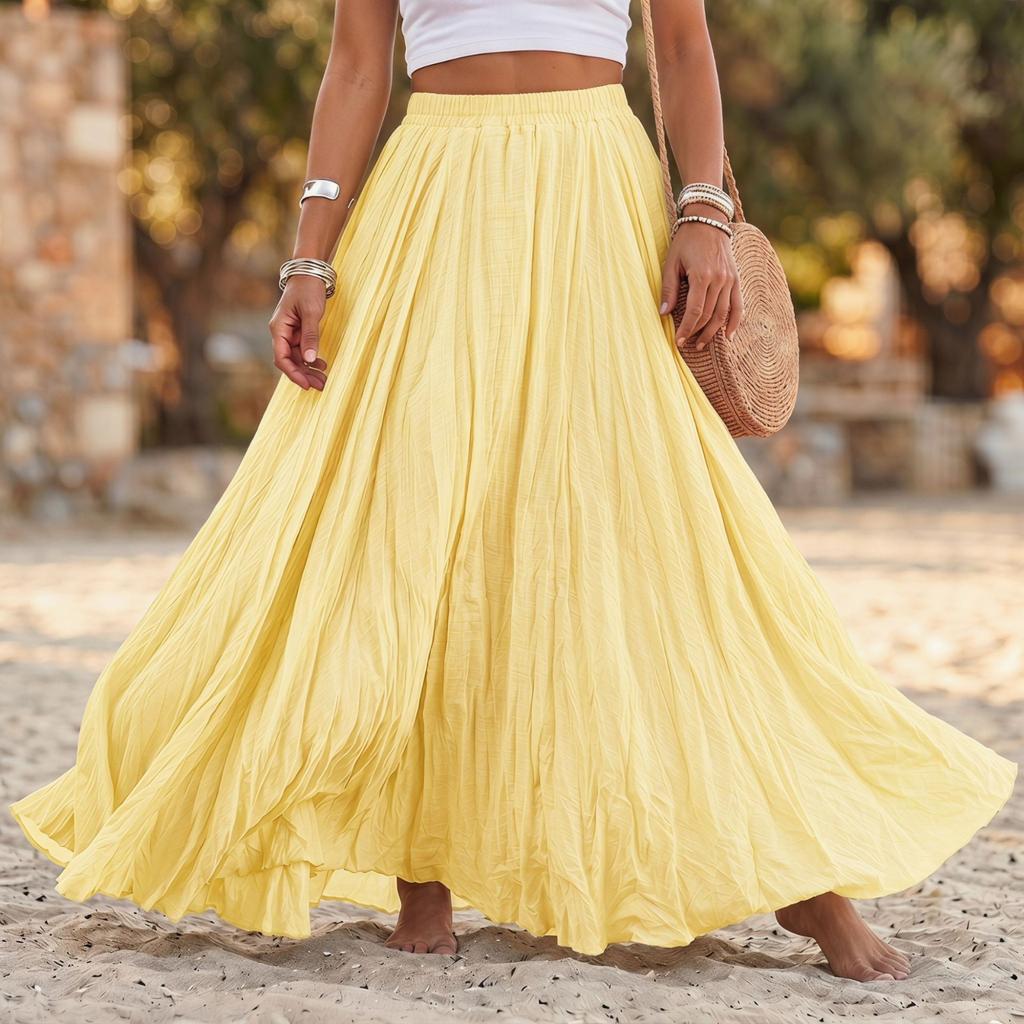 Women Long Loose Pleated Skirt Elastic Waist Cotton Linen Blend Maxi Skirt Flared Hem Casual Boho Style Skirt for Daily Wear