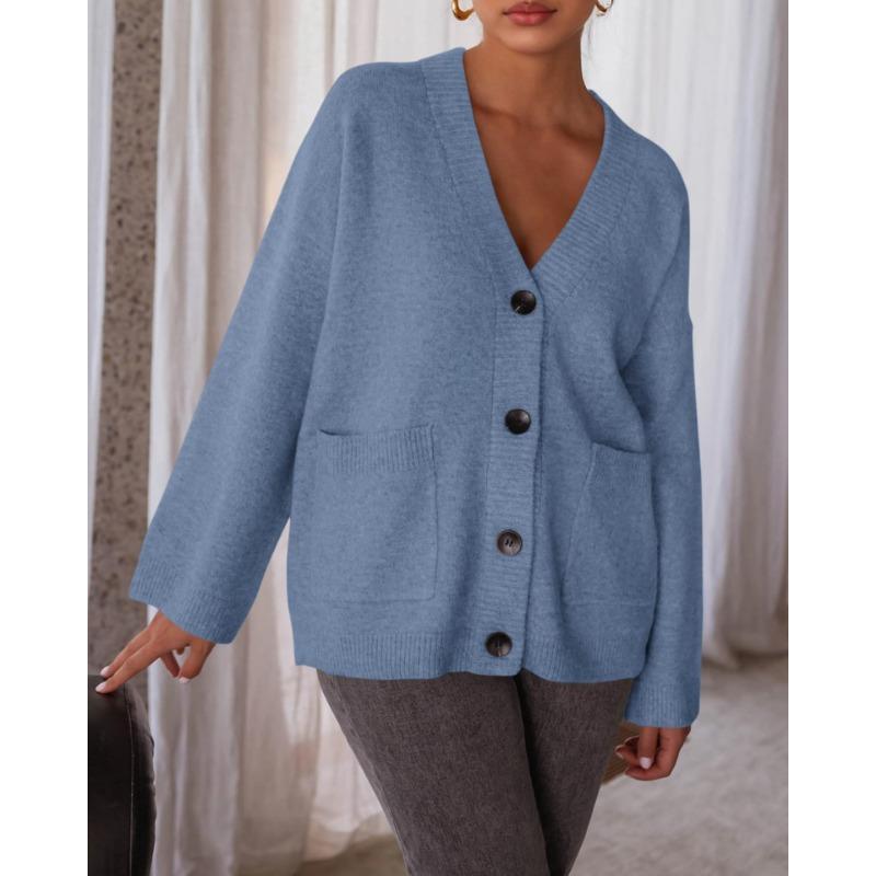 Women Solid Color V Neck Button Up Loose Long Sleeve Knit Cardigan Sweater Coat
