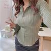 Women's Slim-Fit Green Striped Polo Collar Long-Sleeved Shirt