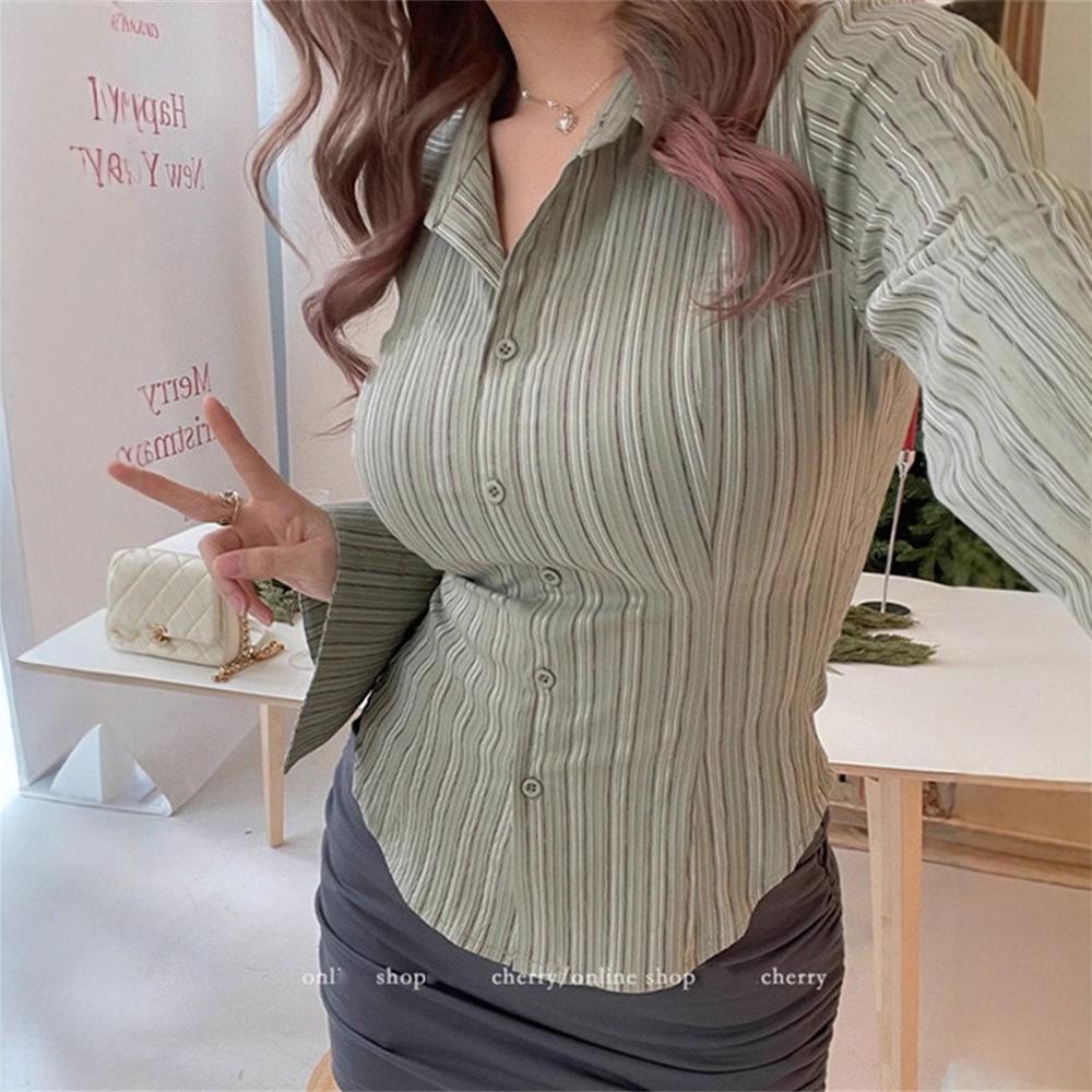 Women's Slim-Fit Green Striped Polo Collar Long-Sleeved Shirt