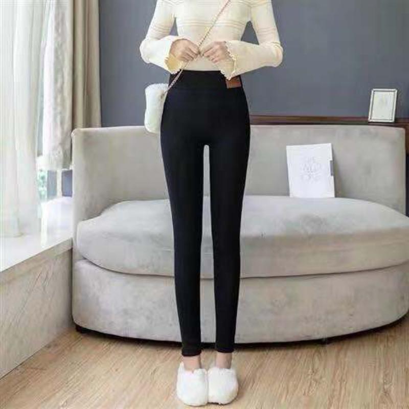 Autumn and Winter Thick Fleece Leggings with Cat Brown Leather Label Lamb Fleece Women's High Waisted Tight Warm Pants