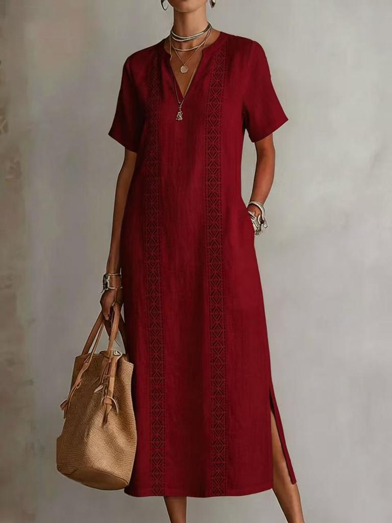 Vintage Comfortable Hollow Lace V-Neck Loose Cotton Linen Dress for Women
