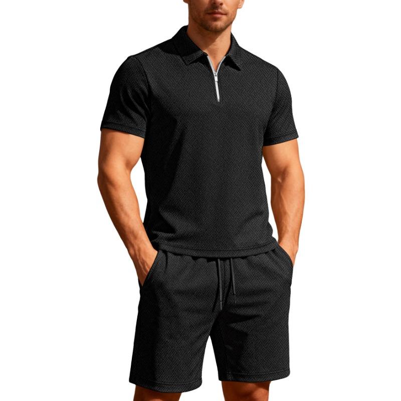 Mens Casual Two Piece Outfit Textured Quarter Zip Polo Shirt And Drawstring Shorts Set