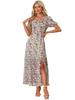 Allegra K Women's Short Sleeve Floral Smocked Square Neck Ruffle Beach Maxi Dress, Beige Purple, Size L