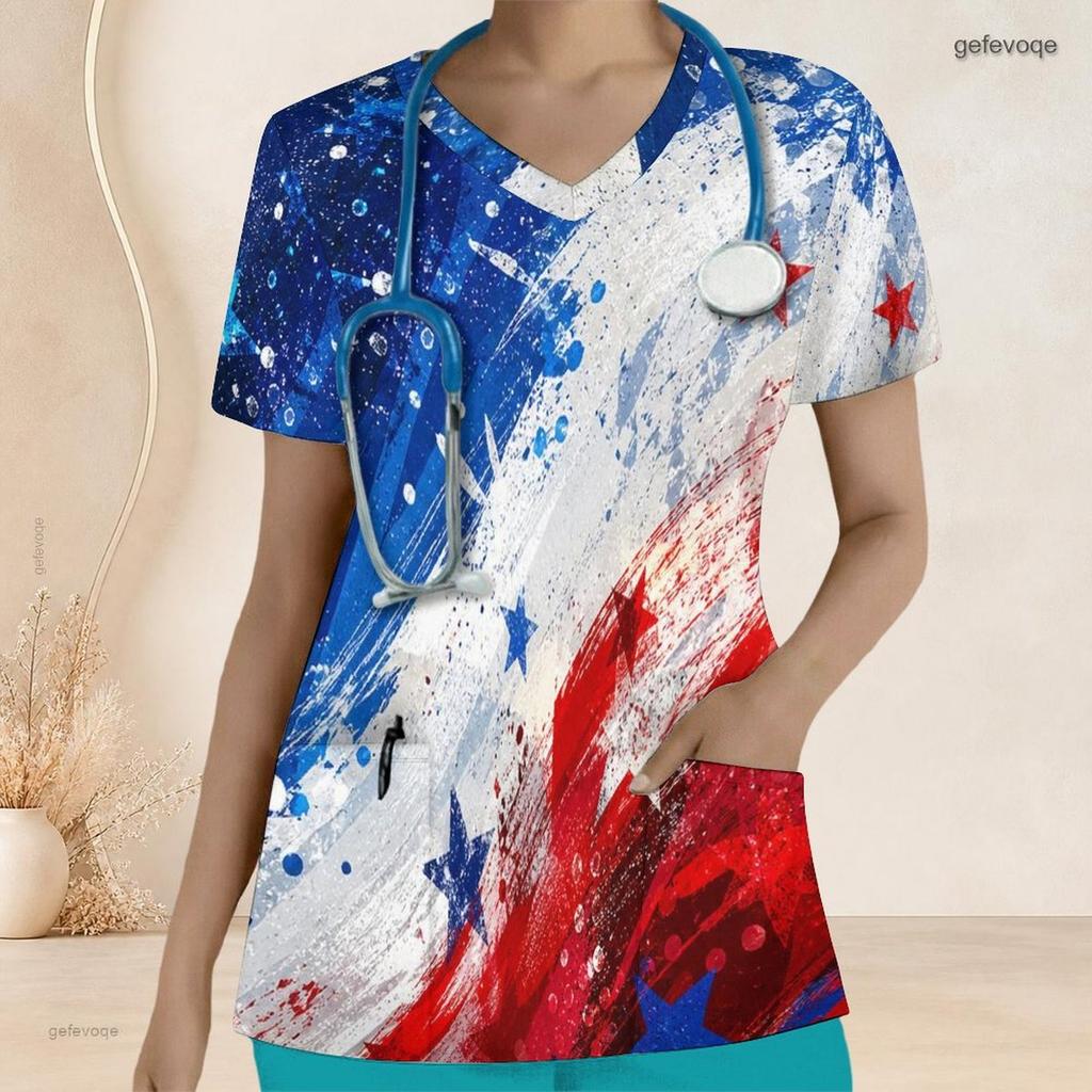 Women Plus Size Red Blue White Star Printed Nurse Scrub Top V Neck Short Sleeve With Front Pockets