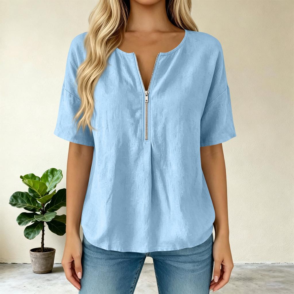 Women’s Fashion Solid Pullover Top with Round Zip Neck Relaxed Fit Short Sleeve Blouse for Casual and Daily Wear