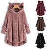 Women Loose Cat Ear Button Hooded Thick Plush Solid Irregular Casual Coat