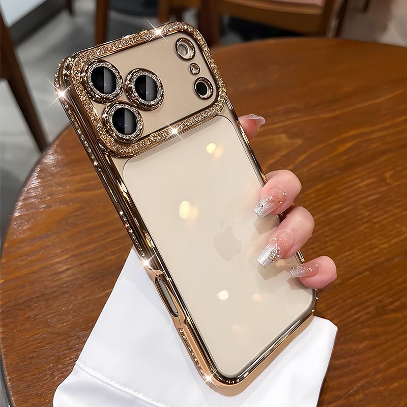Luxury Bling Crystal Lens Film Phone Case for 11 12 13 14 15 16 17 ProMax Plus Air Clear Shockproof Silicone Bumper Cover