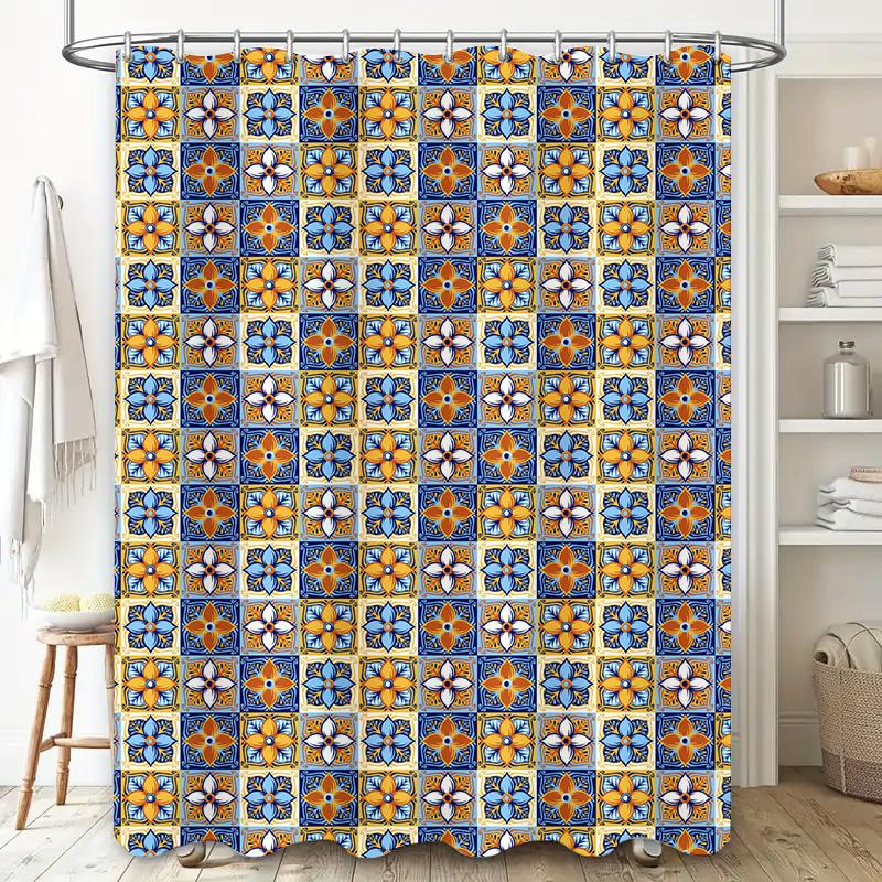 Blue Orange Flower Tile Shower Curtain Waterproof Bathroom Decor Print Home Decoration Customizable Size Available