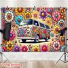 2D Groovy Hippie-Bus Kulisse Retro Blumenmuster Studio Fotografie Hintergrund