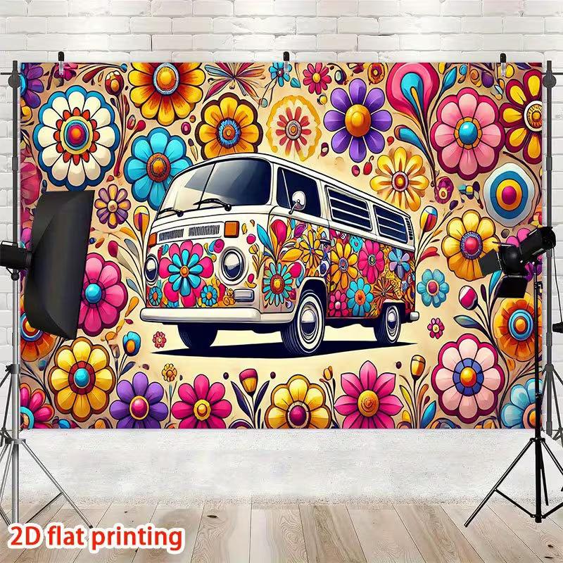 2D Groovy Hippie-Bus Kulisse Retro Blumenmuster Studio Fotografie Hintergrund