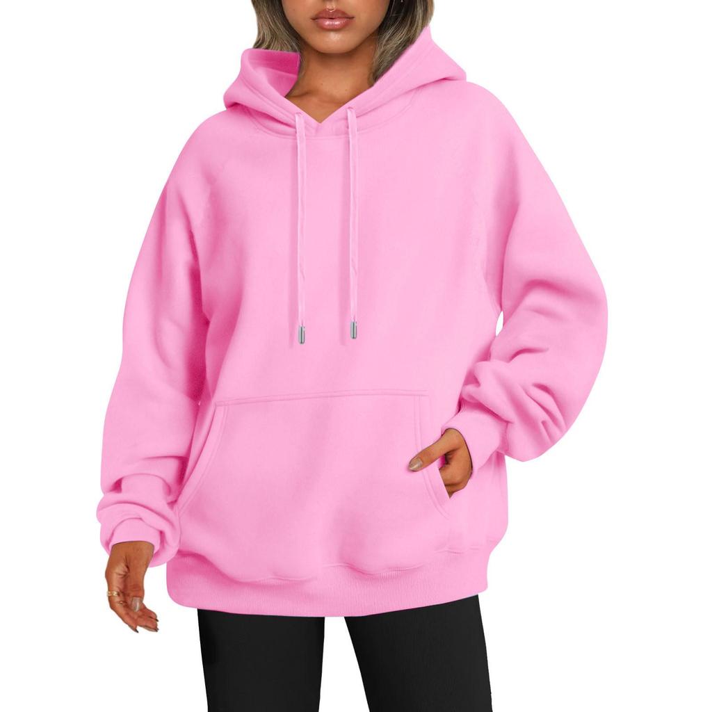 European 2023 Women's Autumn/Winter Plus Velvet Solid Color Loose Hooded Sweatshirt