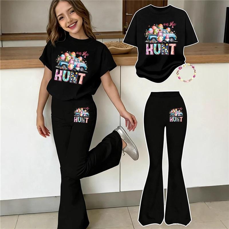 Girls 2Pcs Easter Outfit Set Kids Short Sleeve HUNT Print T-Shirt + Flare Pants Casual Summer Clothes For Toddler Girls 4-12Y 11-12Y чёрный