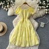 French Gentle Wind One-word Shoulder Bubble Sleeves A-word Dress Women's Summer Short Sleeves High Waist and Thin Temperament Skirt