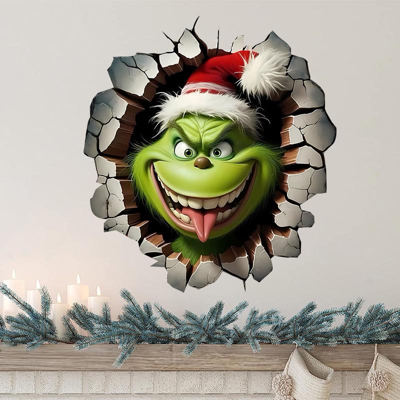 Christmas broken wall living room wall decoration home sticker self-adhesive Grinch cartoon green hair monster window sticker