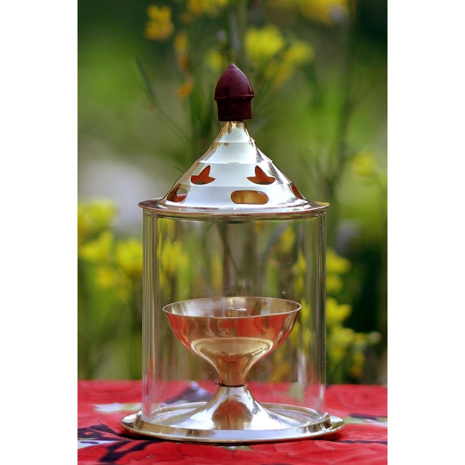 

Brass and Glass akhand deep Diya with Cover for Puja | Deepam Jyot Diya Oil Lamp | Pooja Articles and Pooja Items for Home Temple 4.8 INCH