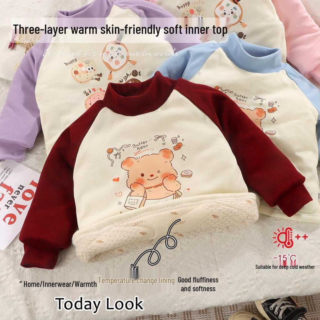 Children's Warm Cotton Cartoon Base Layer Top - Temperature-Sensitive, Half-High Collar Shirt for Baby Girls, Ideal for Autumn/Winter.