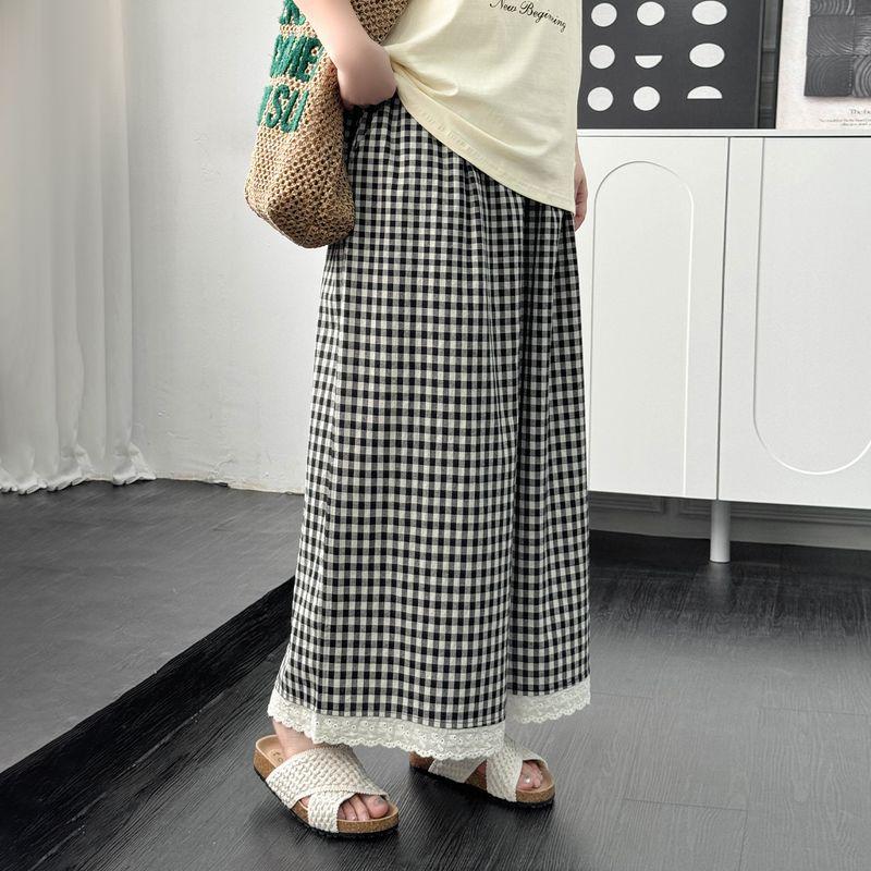 

Plus size women clothing [Korean Series Loose Feeling Set] Puppy Print Short sleeve T-shirt Lace Plaid Culottes Two-piece Set Black apricot-trouser skirt 4XL