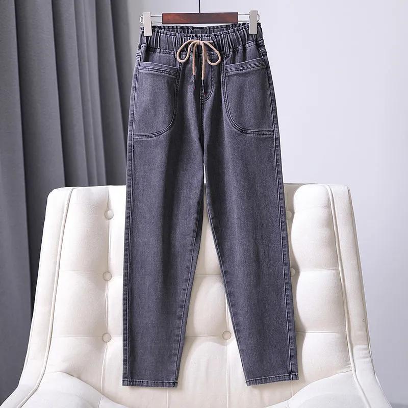 

Women s Spring and Summer Plus Size Stretch Casual Jeans Students Loose Nine-minute Pants M черный серый