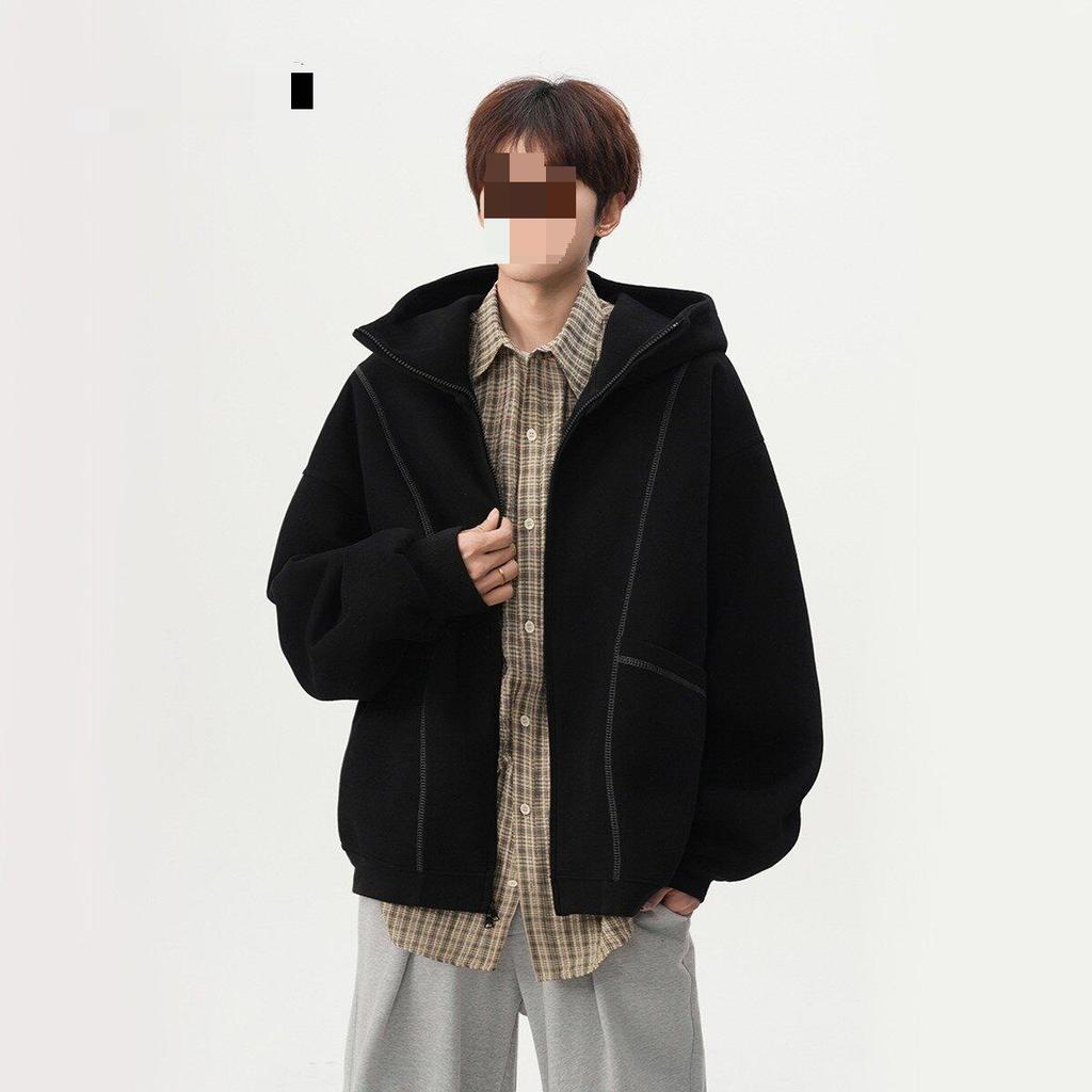 Unisex Trendy Heavyweight Hooded Cardigan with Contrast Stitching