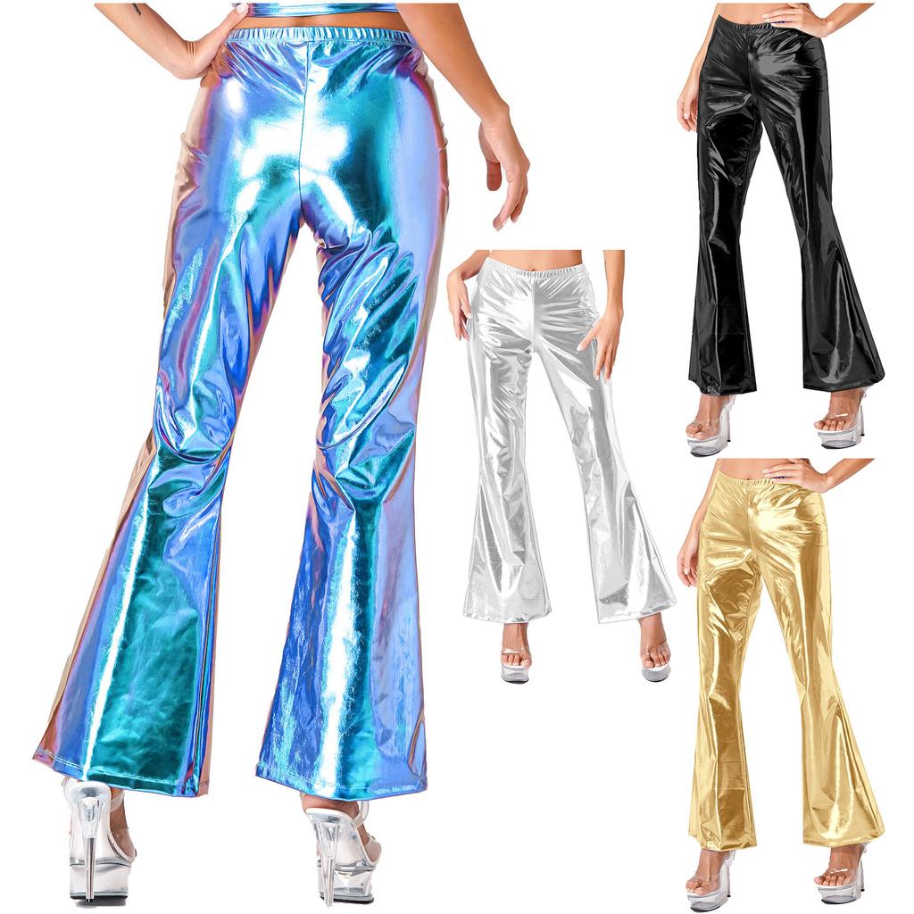 Shiny Metallic Disco Pants Womens Flare Pants Bell Bottom Trousers Cosplay Dancing Costume