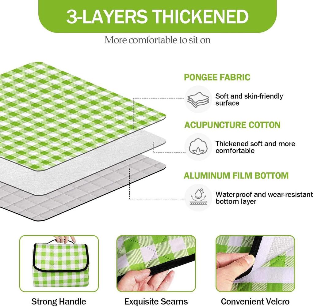 Extra Large 3 Layer Picnic Blanket, Waterproof Thickened Foldable Outdoor Mat for Beach Camping Park Home